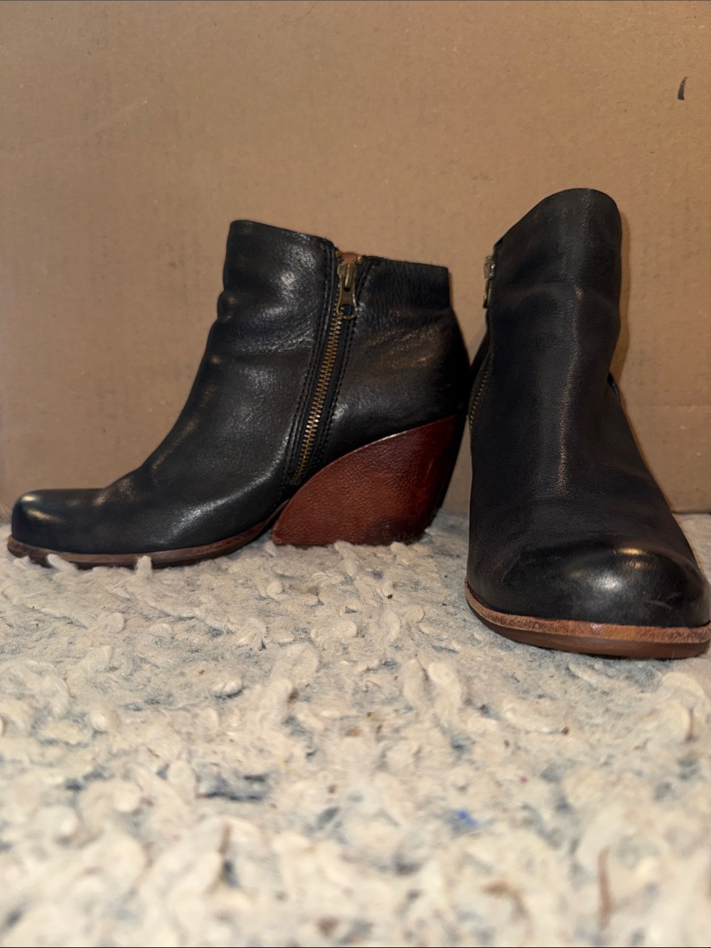 Kork-Ease Black Leather Ankle Booties with Brown Wedge